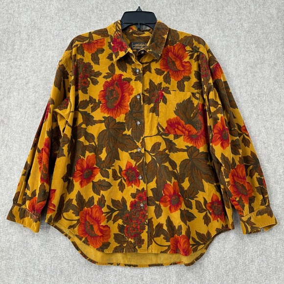 VTG EDDIE BAUER Womens Size L‎ Corduroy Shirt Floral Leaf Print Button Up - Picture 1 of 7